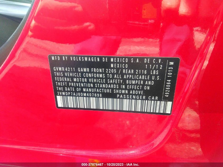 2013 VOLKSWAGEN JETTA SEDAN SE 3VWDP7AJ0DM407698