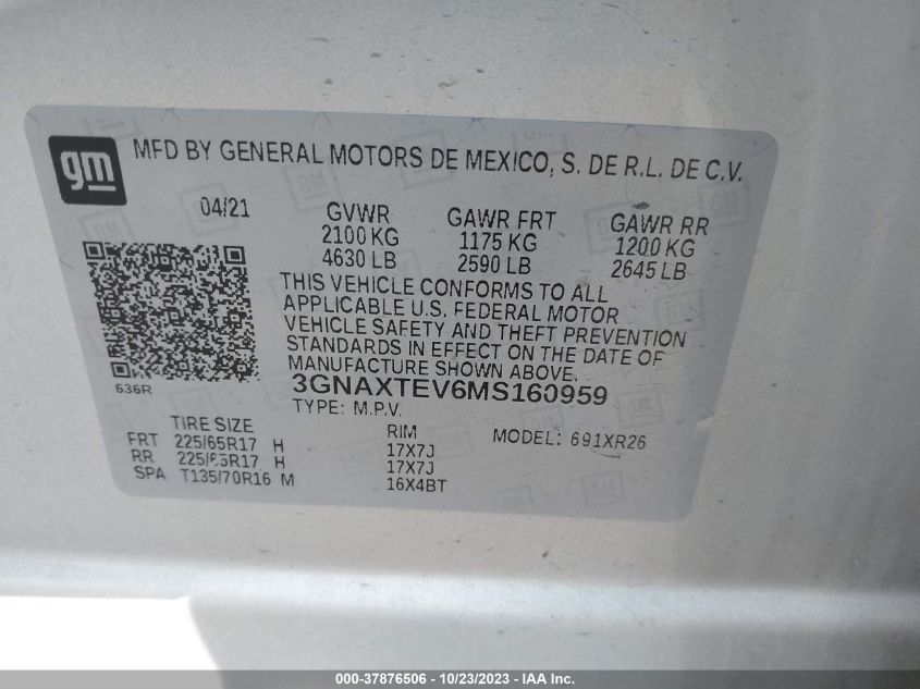 2021 CHEVROLET EQUINOX LT - 3GNAXTEV6MS160959