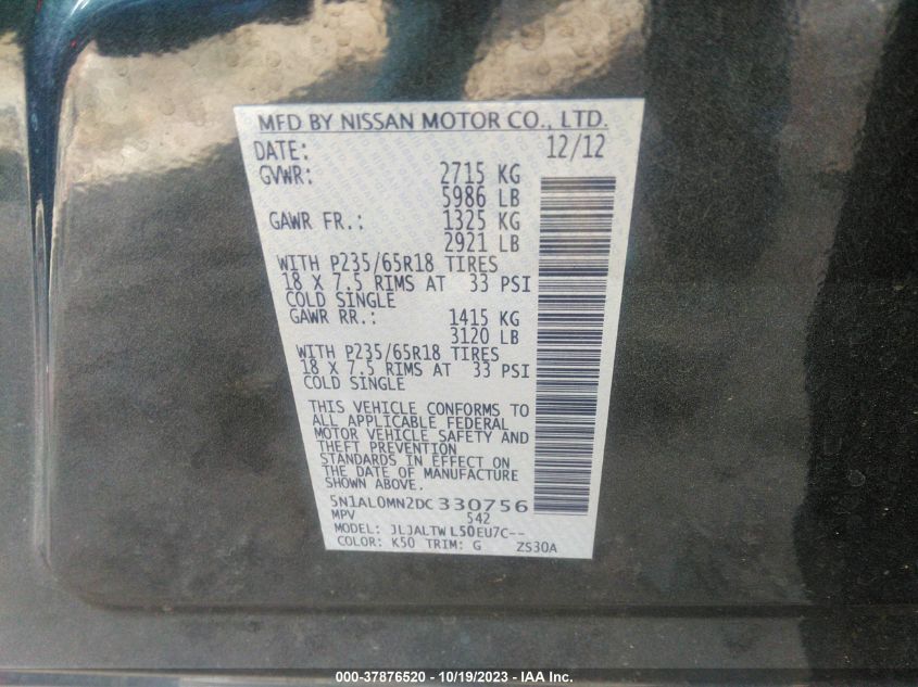 2013 INFINITI JX35 5N1AL0MN2DC330756