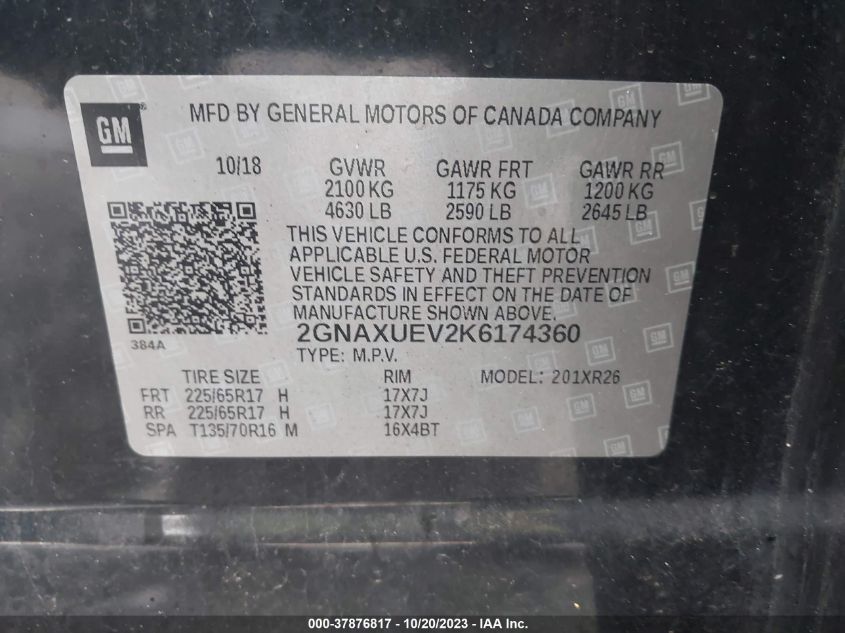 2019 CHEVROLET EQUINOX LT - 2GNAXUEV2K6174360