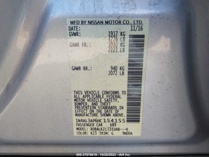 VIN 1N4AL3AP6HC154155 2017 NISSAN ALTIMA 2.5/S/SV/SL/SR