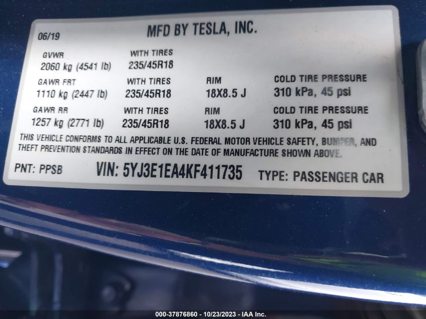 5YJ3E1EA4KF411735 2019 TESLA MODEL 3 RANGEphoto 9