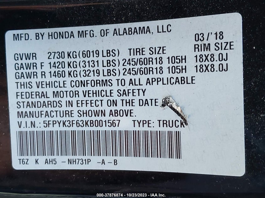 VIN 5FPYK3F63KB001567 2019 HONDA RIDGELINE RTL