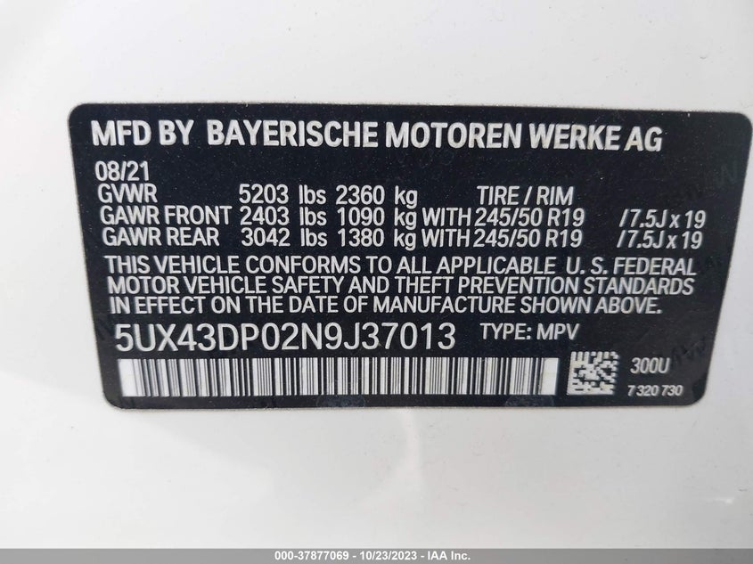 VIN 5UX43DP02N9J37013 2022 BMW X3 SDRIVE30I