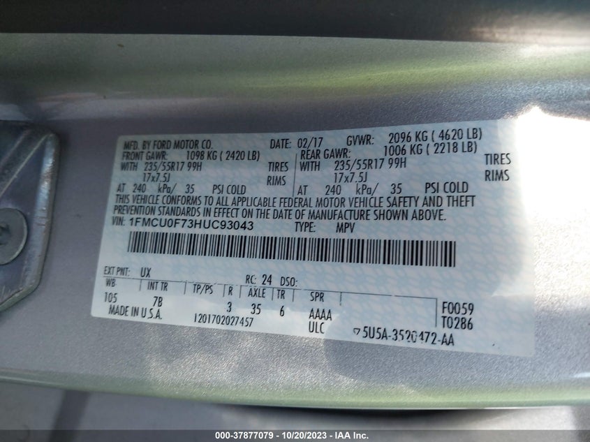 VIN 1FMCU0F73HUC93043 2017 FORD ESCAPE S