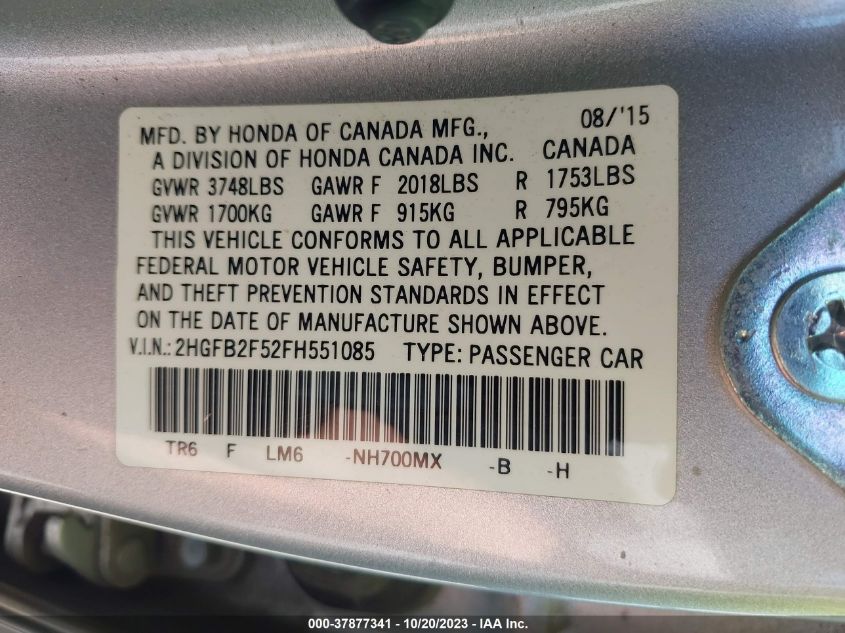 2015 HONDA CIVIC LX - 2HGFB2F52FH551085