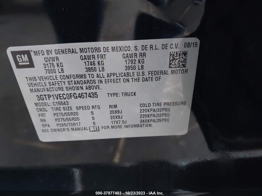 2015 GMC SIERRA 1500 SLT - 3GTP1VEC0FG467435