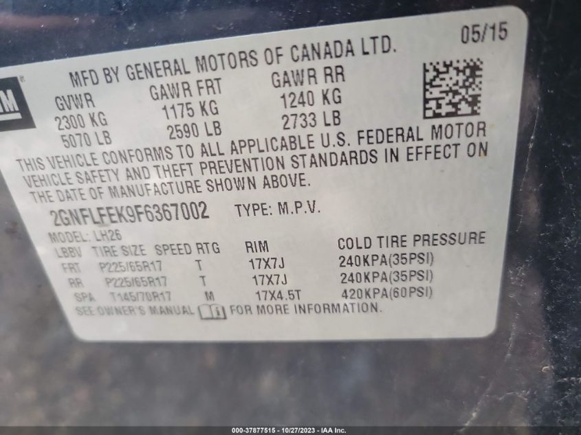 2015 CHEVROLET EQUINOX LT - 2GNFLFEK9F6367002