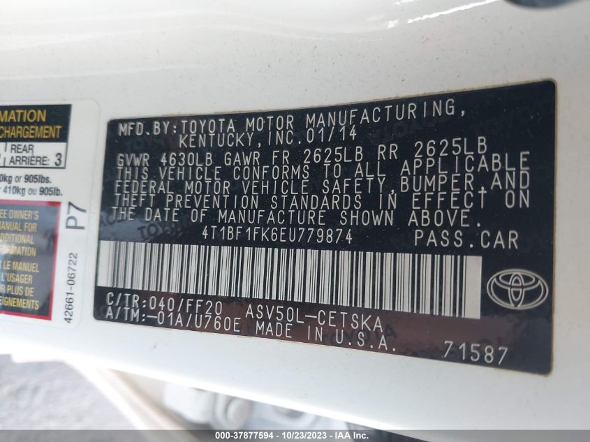 2014 TOYOTA CAMRY L/LE/XLE/SE/SE SPORT 4T1BF1FK6EU779874