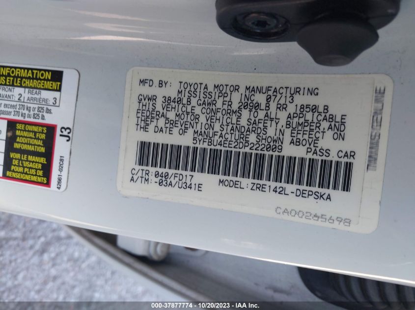 2013 TOYOTA COROLLA L/LE/S - 5YFBU4EE2DP222009