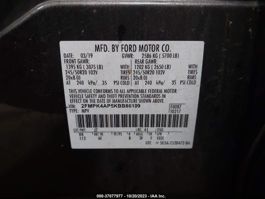 2FMPK4AP5KBB86109 2019 FORD EDGE, photo no. 9