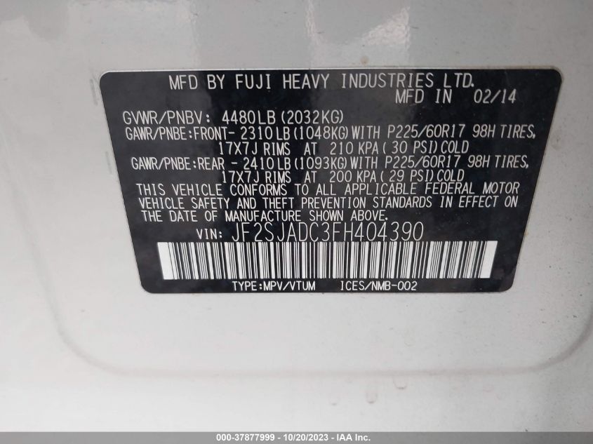 2015 SUBARU FORESTER 2.5I PREMIUM - JF2SJADC3FH404390
