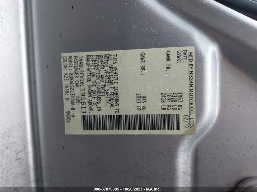 2019 NISSAN ALTIMA SR - 1N4BL4CV1KC191613