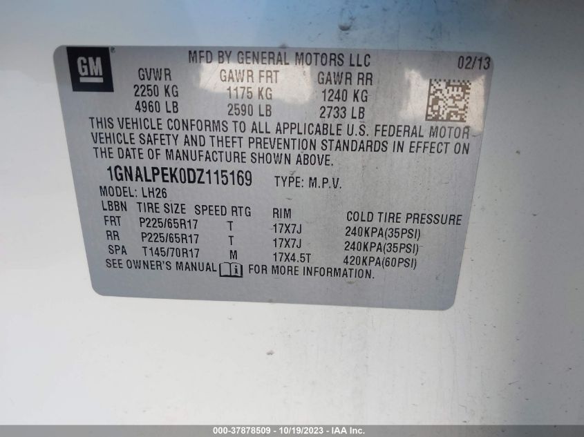 2013 CHEVROLET EQUINOX LT - 1GNALPEK0DZ115169
