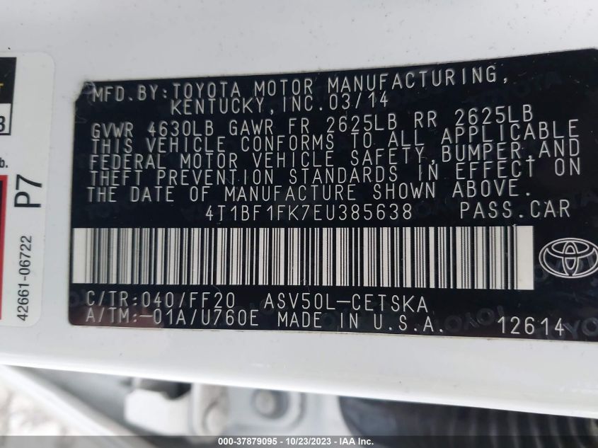 2014 TOYOTA CAMRY L/LE/XLE/SE/SE SPORT - 4T1BF1FK7EU385638