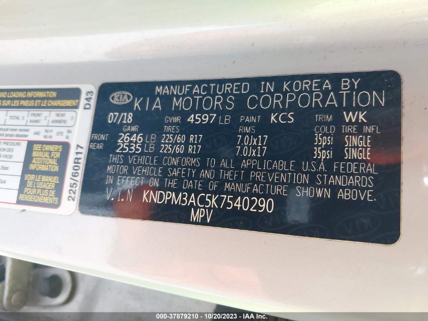 2019 KIA SPORTAGE LX - KNDPM3AC5K7540290