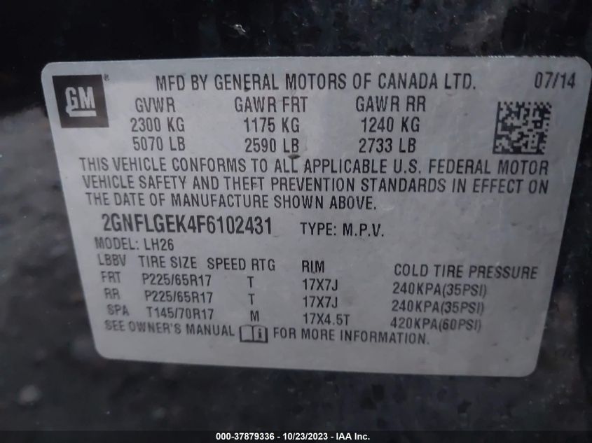 2015 CHEVROLET EQUINOX LT - 2GNFLGEK4F6102431
