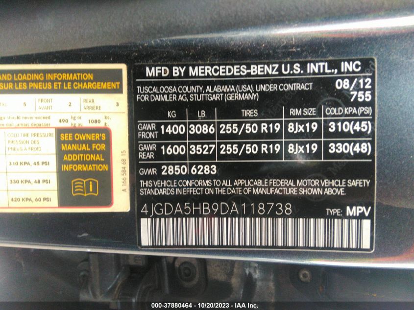 2013 MERCEDES-BENZ M-CLASS ML 350 4JGDA5HB9DA118738