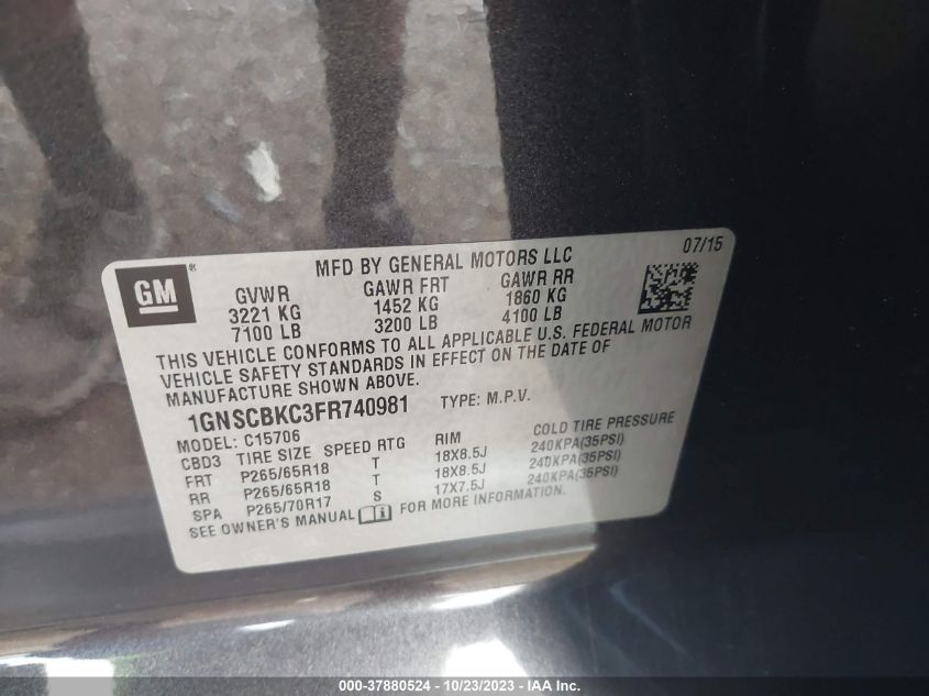 2015 CHEVROLET TAHOE C1500 LT - 1GNSCBKC3FR740981