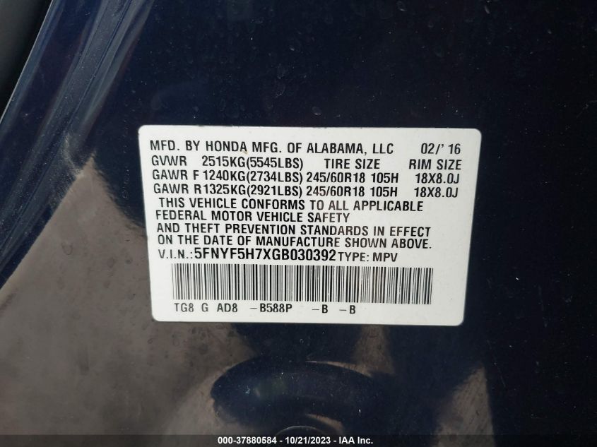 2016 HONDA PILOT EXLN - 5FNYF5H7XGB030392