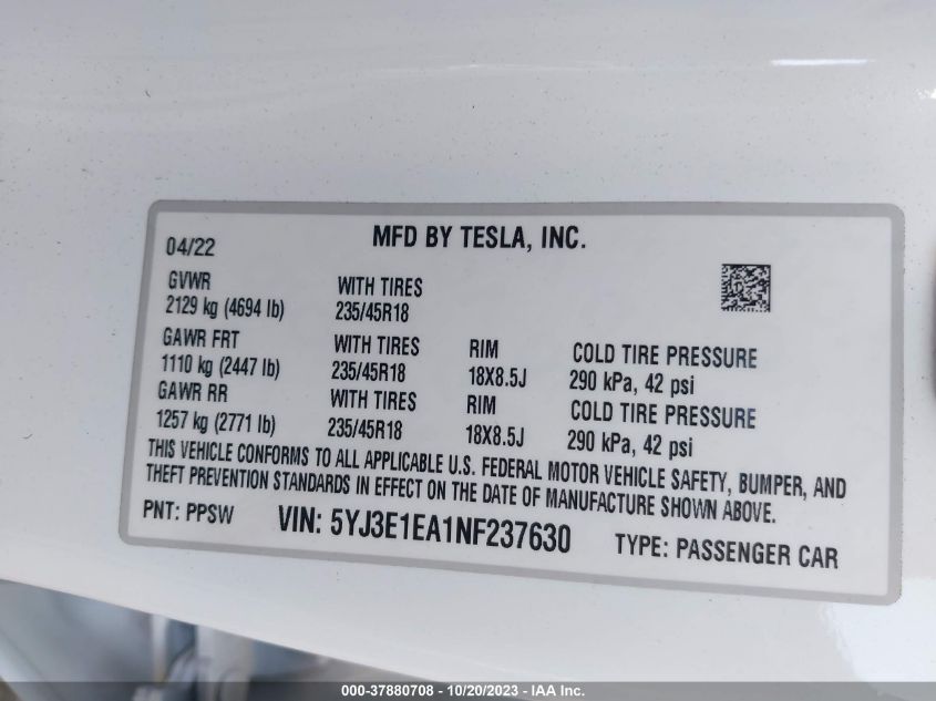 2022 TESLA MODEL 3 - 5YJ3E1EA1NF237630