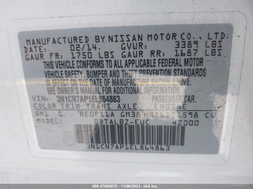 2014 NISSAN VERSA S/S PLUS/SV/SL - 3N1CN7AP1EL864863