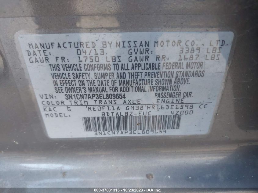 2014 NISSAN VERSA SV - 3N1CN7AP3EL809654