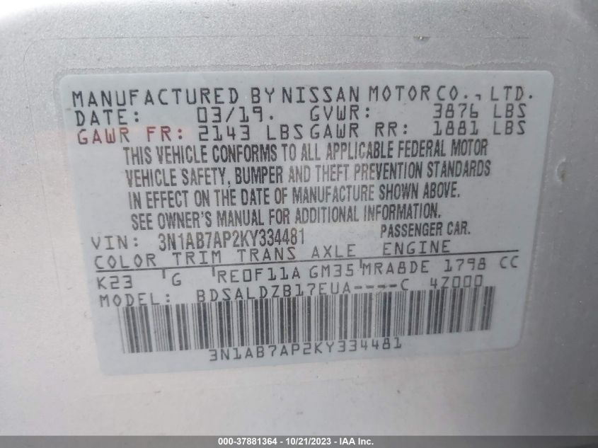 2019 NISSAN SENTRA SV - 3N1AB7AP2KY334481