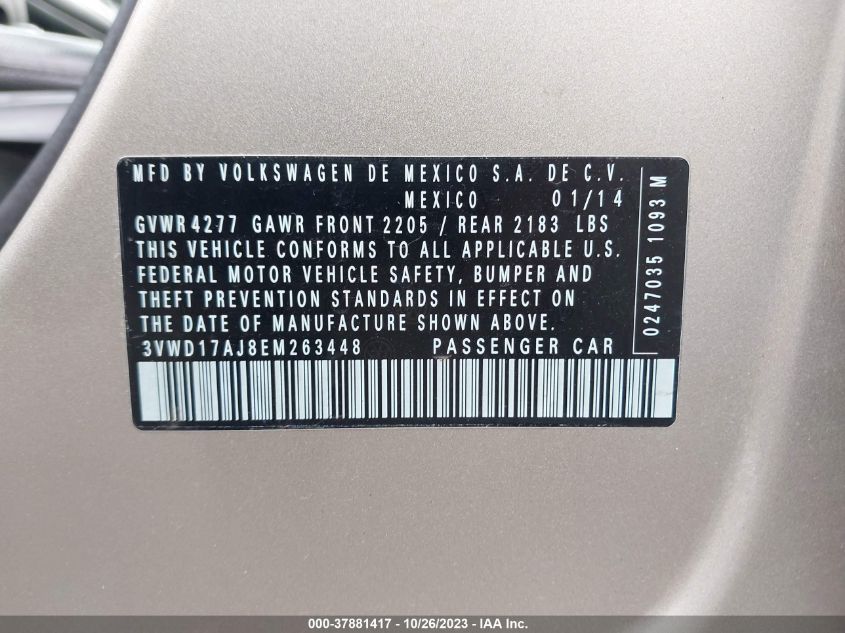 2014 VOLKSWAGEN JETTA SEDAN SE 3VWD17AJ8EM263448