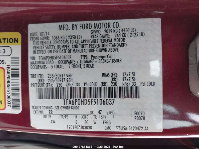 2015 FORD FUSION SE - 1FA6P0HD5F5106037