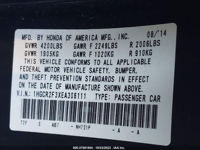 2014 HONDA ACCORD SEDAN LX - 1HGCR2F3XEA306111