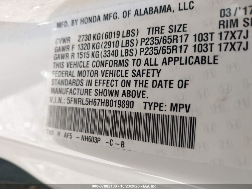 VIN 5FNRL5H67HB019890 2017 HONDA ODYSSEY EX-L