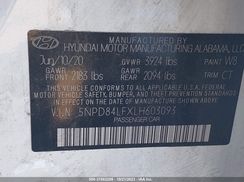 VIN 5NPD84LFXLH603093 2020 HYUNDAI ELANTRA SEL/VALUE/LIMITED