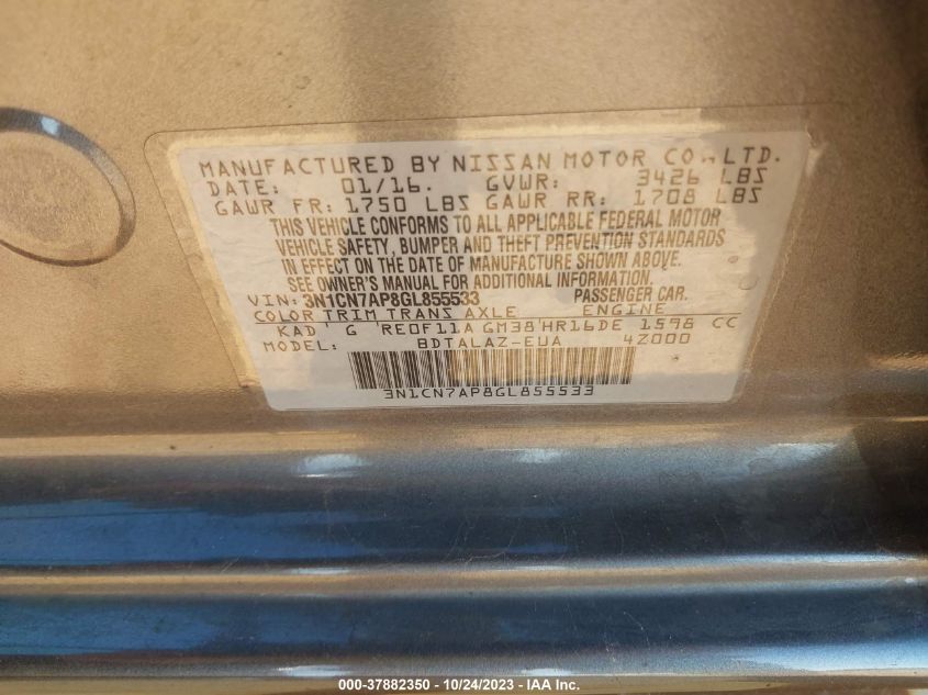 2016 NISSAN VERSA S/S PLUS/SV/SL - 3N1CN7AP8GL855533