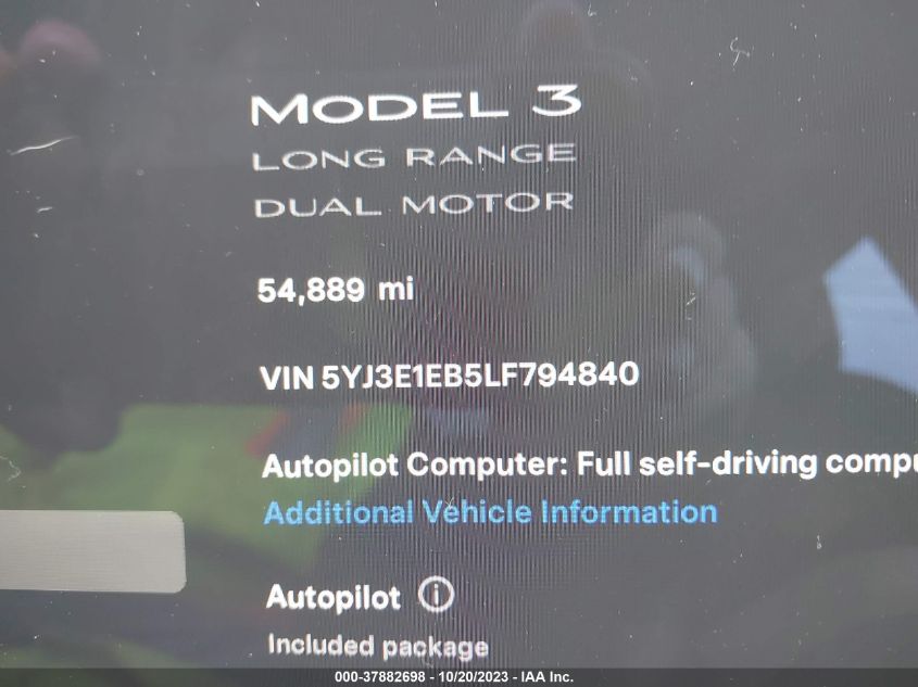 5YJ3E1EB5LF794840 | 2020 TESLA MODEL 3