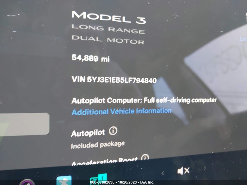 VIN 5YJ3E1EB5LF794840 2020 TESLA MODEL 3 LONG RANGE