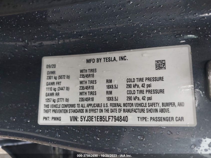 5YJ3E1EB5LF794840 | 2020 TESLA MODEL 3