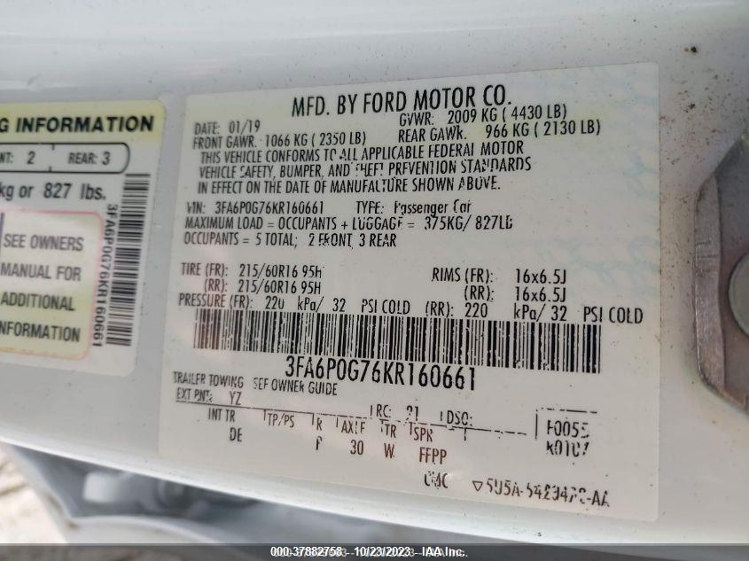 VIN 3FA6P0G76KR160661 2019 FORD FUSION S