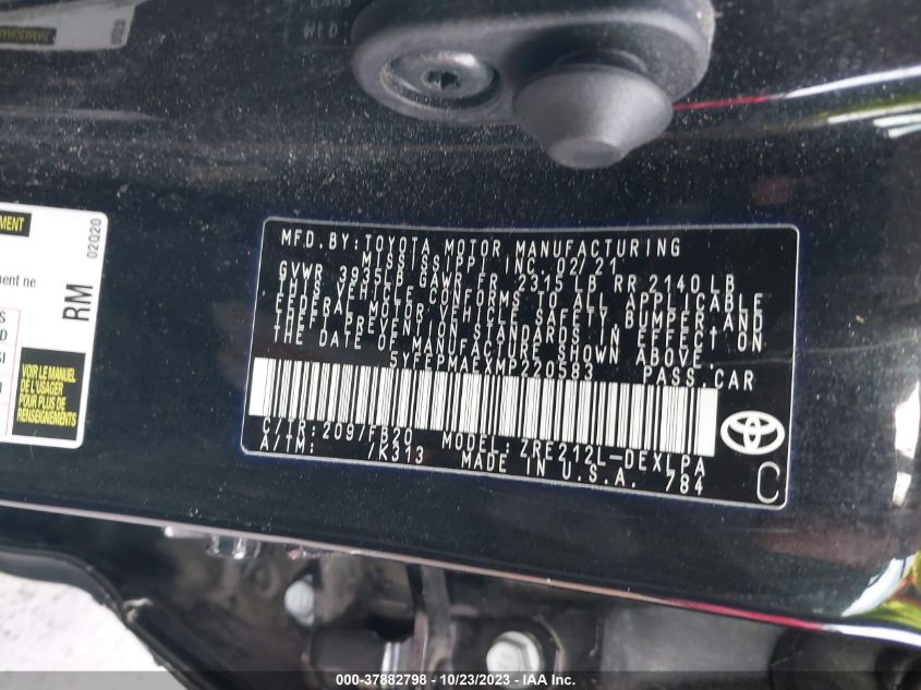 VIN 5YFEPMAEXMP220583 2021 TOYOTA COROLLA LE