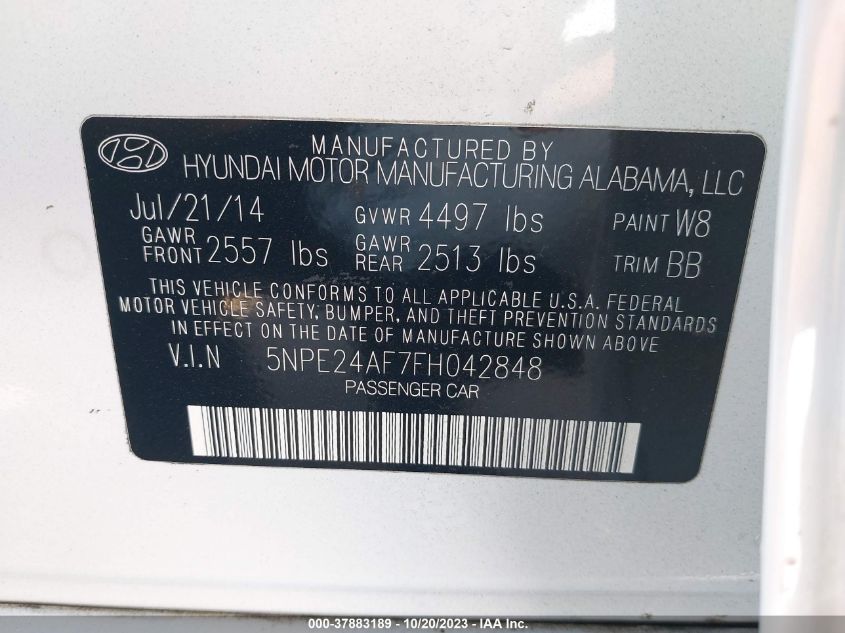 2015 HYUNDAI SONATA 2.4L SE - 5NPE24AF7FH042848