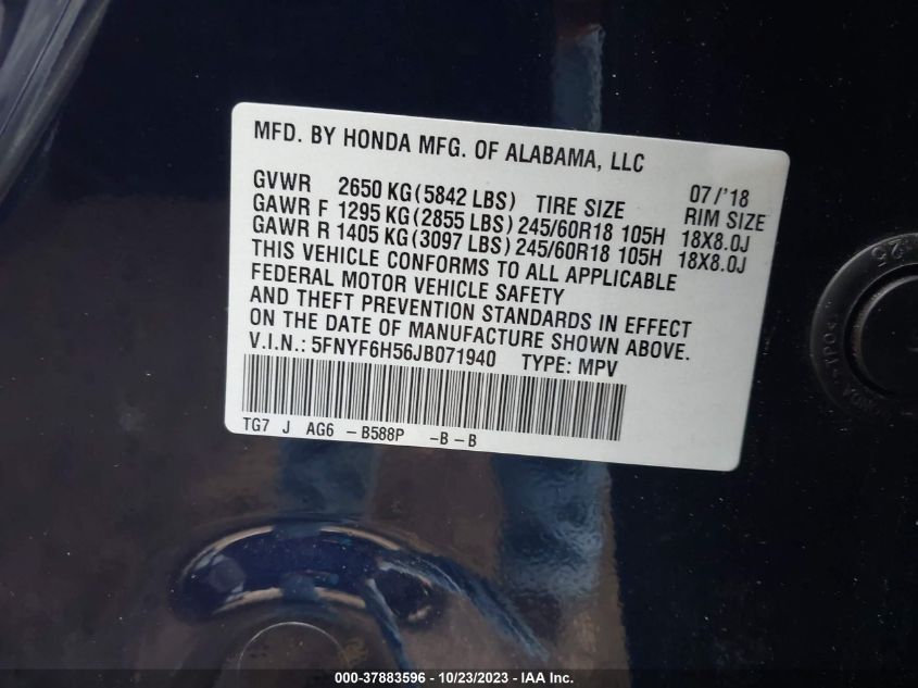 2018 HONDA PILOT EXL - 5FNYF6H56JB071940