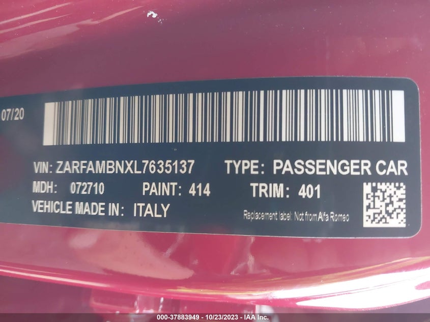 VIN ZARFAMBNXL7635137 2020 ALFA ROMEO GIULIA TI