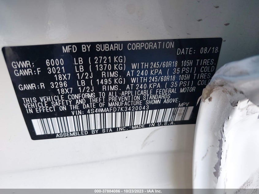 VIN 4S4WMAFD7K3420043 2019 SUBARU ASCENT PREMIUM
