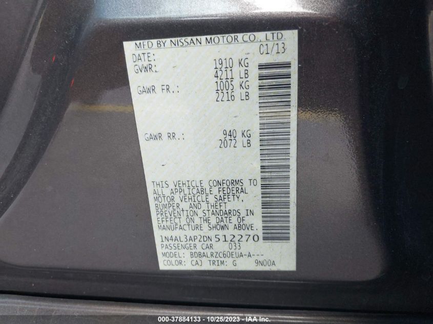 2013 NISSAN ALTIMA 2.5/S/SV/SL - 1N4AL3AP2DN512270