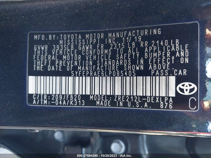 VIN 5YFEPRAE6LP085405 2020 TOYOTA COROLLA LE