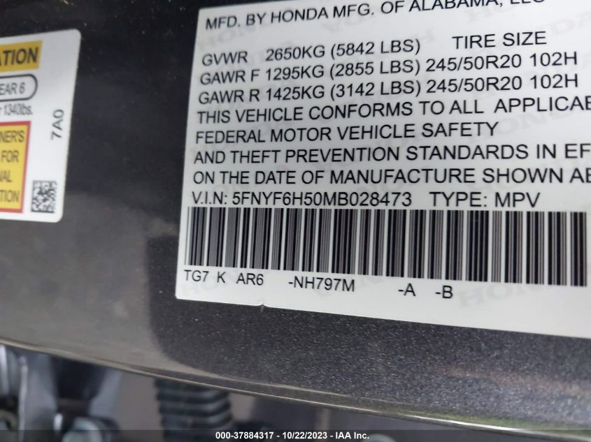 2021 HONDA PILOT EX-L - 5FNYF6H50MB028473