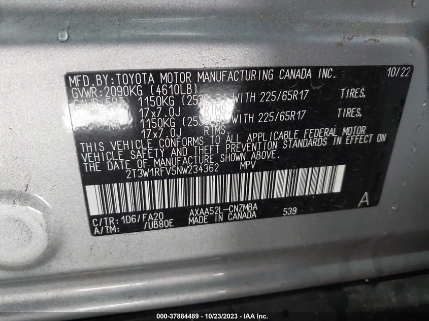 VIN 2T3W1RFV5NW234362 2022 TOYOTA RAV4 XLE