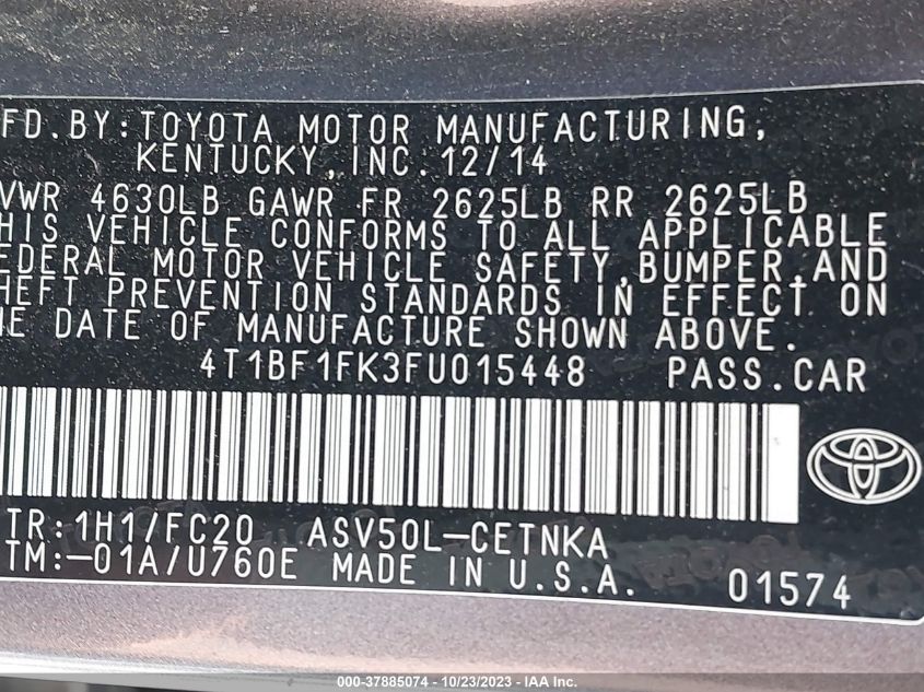 2015 TOYOTA CAMRY XLE/SE/LE/XSE - 4T1BF1FK3FU015448