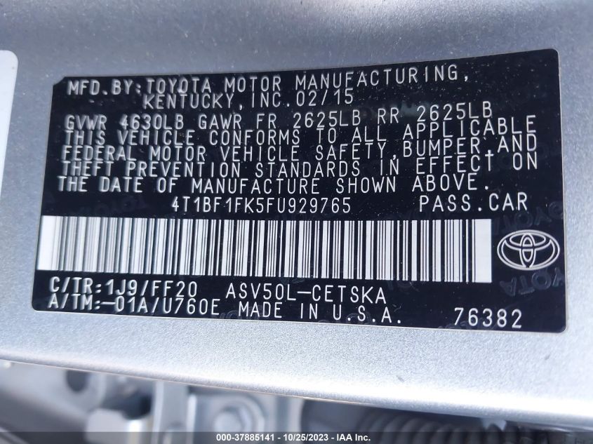 2015 TOYOTA CAMRY XLE/SE/LE/XSE - 4T1BF1FK5FU929765