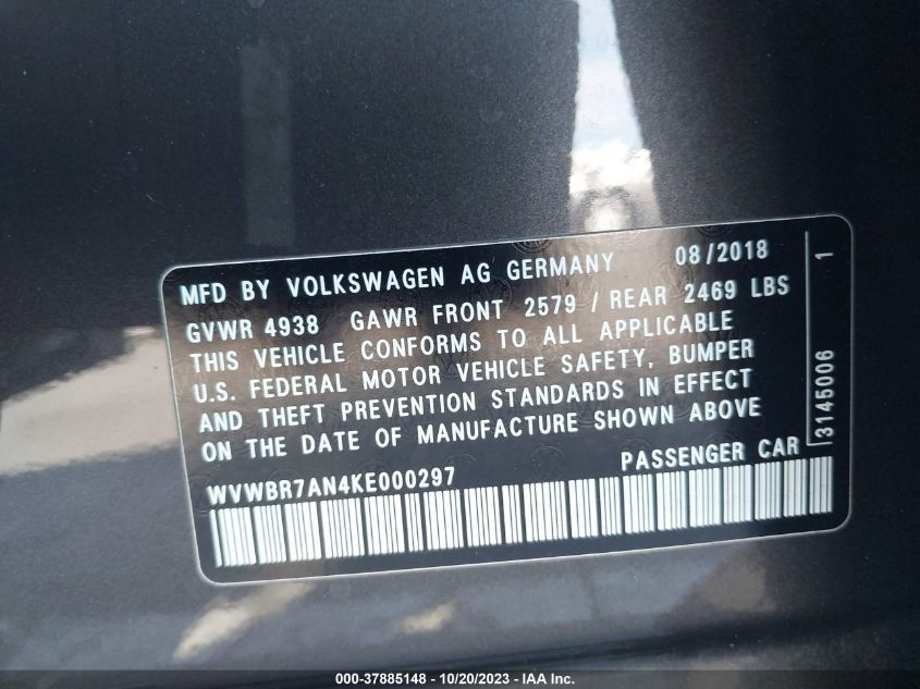 2019 VOLKSWAGEN ARTEON 2.0T SE WVWBR7AN4KE000297